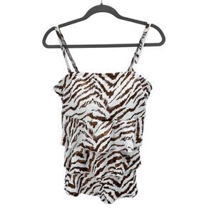 SWIM by Cacique White Bronze Tiger Striped Ruffled Tankini Swim Suit Top